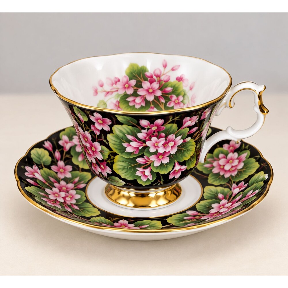 Royal Albert Mayflower Teacup & Saucer – Provincial Flowers – Black Floral